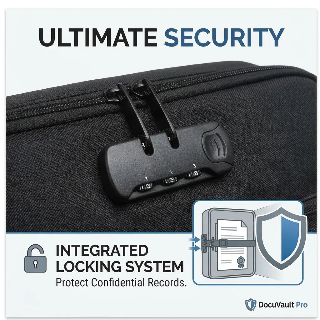 A black zippered document bag with an integrated three-digit lock and combination dial, shown on a white background with marketing text reading 'ULTIMATE SECURITY' and 'INTEGRATED LOCKING SYSTEM.' A DocuVault Pro logo appears in the lower right.